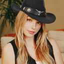 Women & Men Felt Western Cowboy Hat Classic Roll Up Brim Belt Buckle Cowgirl Fedora (M) (Black)