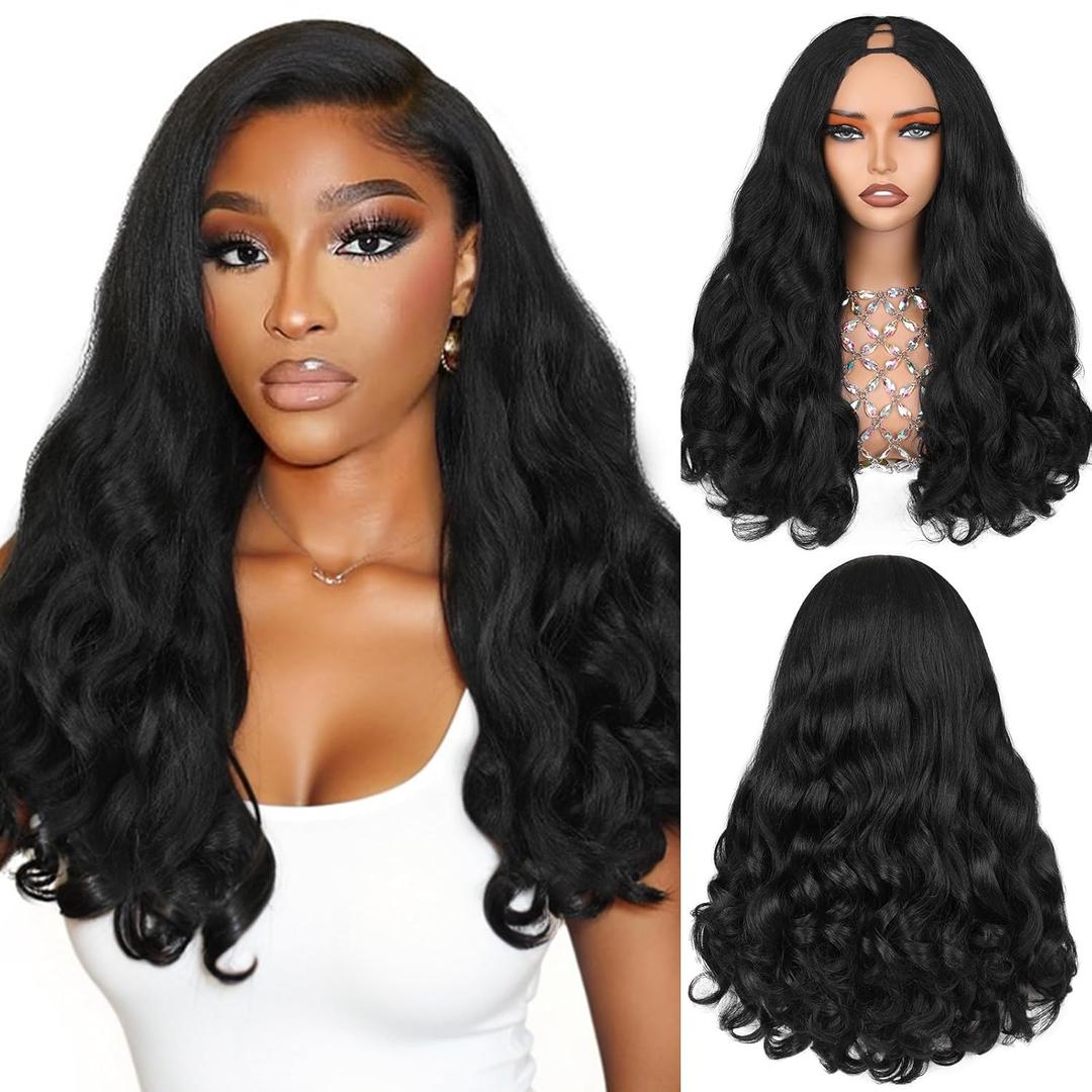 HANNE Yaki Curly V Part Wig U Part Synthetic Half Wigs for Black Women 22 Inch Heat-Resistant Hair Replacement Wig (Natural Black)
