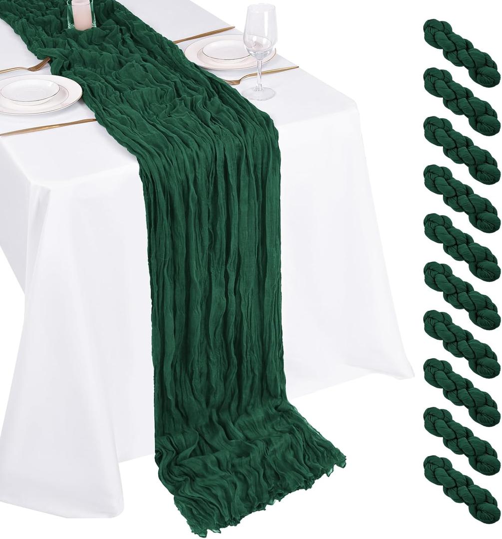 10 Pack Emerald Green Cheesecloth Table Runner 17x108 Inch Boho Gauze Cheese Cloth Table Runners for Wedding Party Baby Shower Birthday Home Decor 