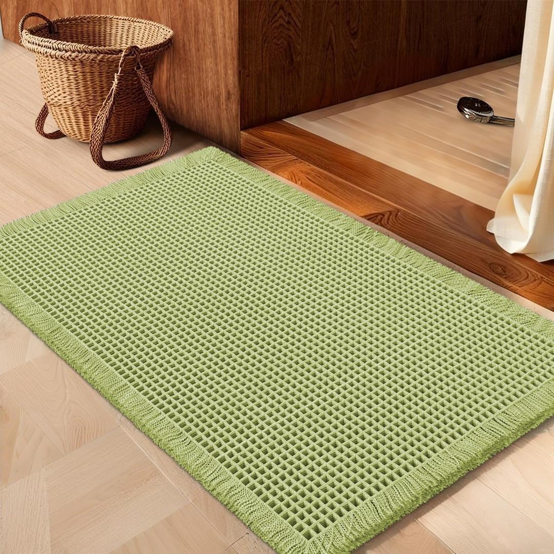 IM HOME Waffle Bath Mat Sage Green 36"x24", Boho Woven Modern Bath Mat Rugs, Absorbent Non Slip Bathroom Rugs, Soft Washable Bath Rugs with Tassels for Bathroom, Bedroom, Kitchen, Shower, Tub