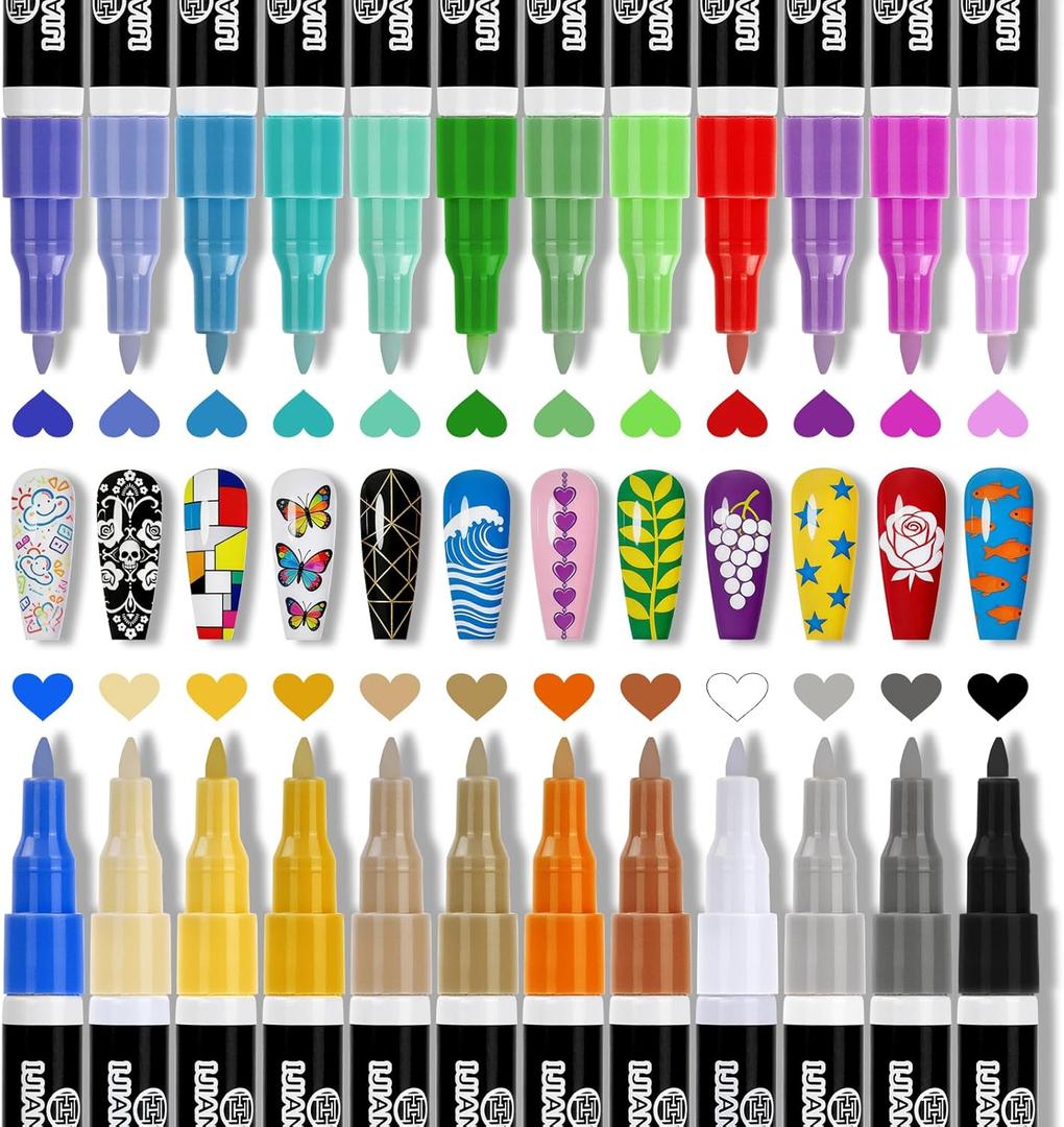 IJIANG Nail Art Pens Set 24 Colors with 0.7mm Fine Tips, Nail Art Markers for 3D Nail Art, Diy Nail Art Tools, Dotting Drawing Painting Point Home Salon, Acrylic Paint Non-Toxic Quick-Drying
