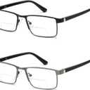 LKEYE Bifocal Reading Glasses Men Blue Light Computer Readers Clear Top Designer Metal Frame Fashion Spring Hinge Eyeglasses (2 Bifocals (Black+gun))