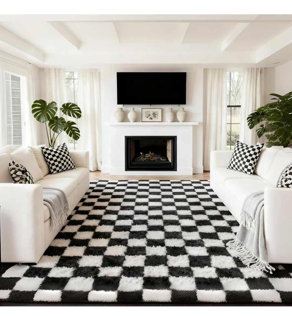 Andency 8x10 Ft Black and White Area Rug for Living Room Classic Checkered Shaggy Rug Non-Slip High Pile Soft Fluffy Rug Fuzzy Carpet Bedroom Kids Toddler Room Nursery Playroom, Cute Dorm Home Decor