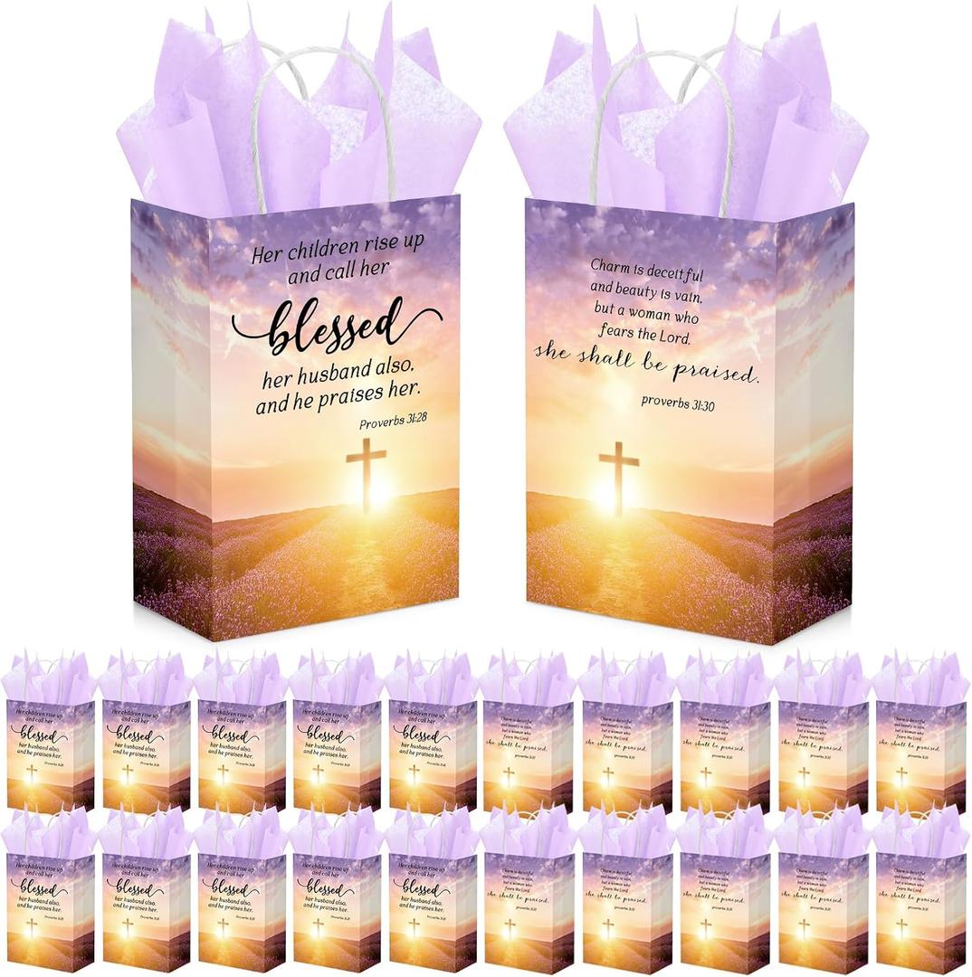 Coume 50 Pcs Christian Godmothers Day Gifts Church Bags Bulk with Tissue 8.27 x 5.91 x 3.15 Inches Religious Bible Verse Baptism Paper Gifts Bags with Handles for Women Mom Church Party Favor
