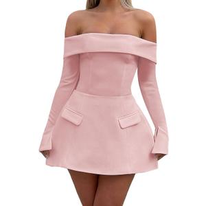 ABYOVRT Women Sexy Mini Dress Off Shoulder Long Sleeve A Line Dress Short Formal Dresses Party Clubwear (Pink, L)