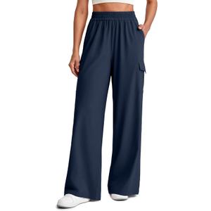 G4Free Chillwhisp Lightweight Wide Leg Cargo Pants Women Elastic Waist Flowy Palazzo Pants for Casual Travel (Small, Dark Navy)