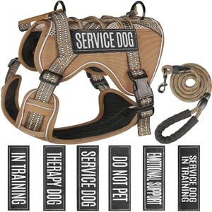 Service Dog Tactical Vest Harness and Leash Set Medium Sized Dog Emotional Support- Tactical Dog Harness Training Collar with Name (Khaki, M)