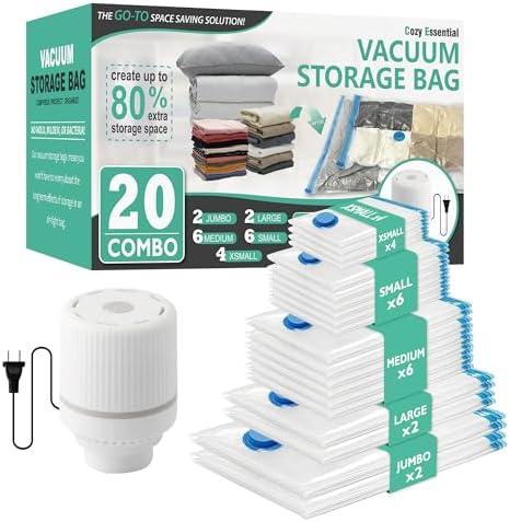 Cozy Essential Vacuum Storage Bags, Space Saver Bags，Compression for Comforters and Blankets, Pillow, Bedding, Sealer Clothes Storage, 20 ECombo