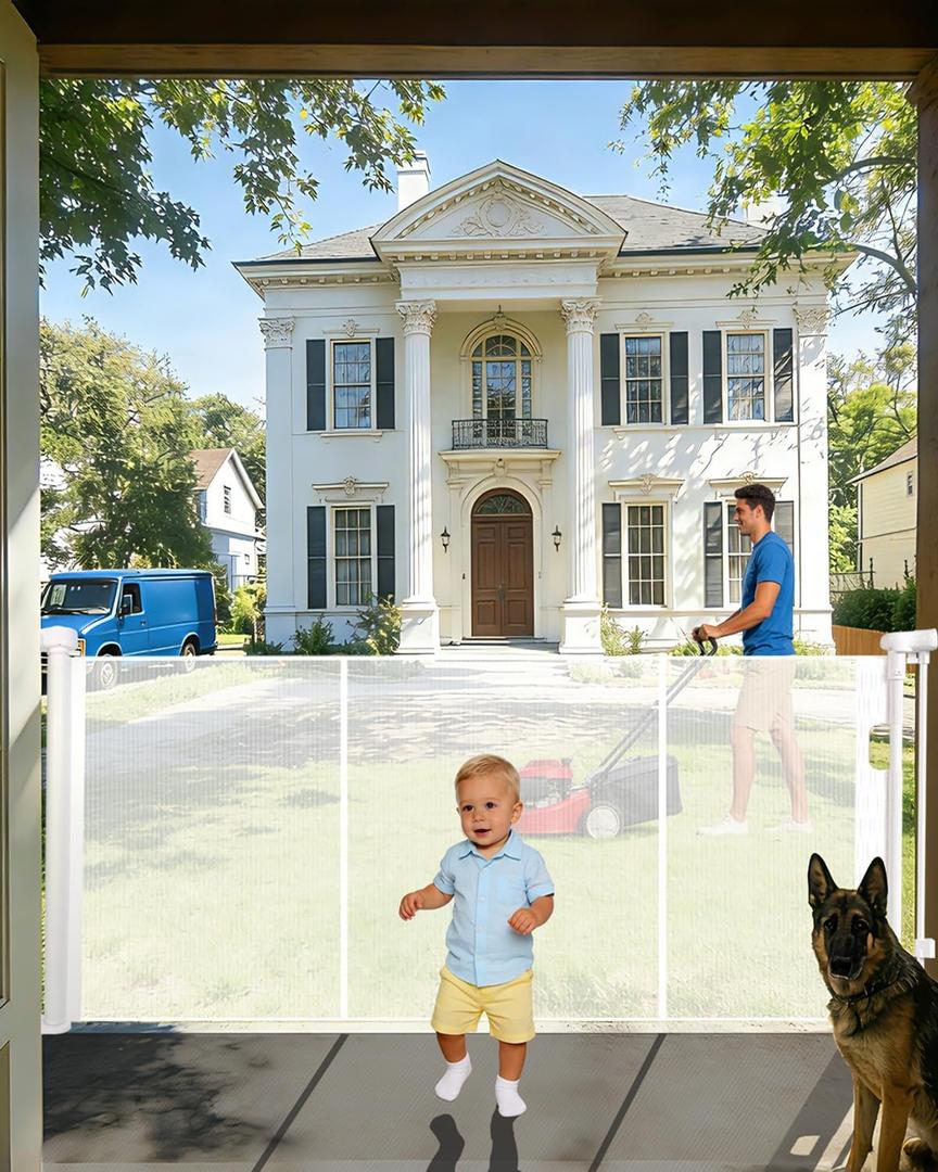 80" Wide Retractable Baby Gate for Stairs, 42" Extra Tall Retractable Dog Pet Gate with Support Rods, Mesh Screen Child Safety Gate for Doorways Hallways Deck Porch, Outdoor Indoor Use