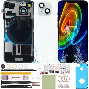 Back Screen Glass Replacement Compatible with iPhone 15 All Carriers 6.1" + Pre-Installed Plate + Wireless Charging Coil Flex Cable + Microphone + Flashlight + Camera Frame (Blue)