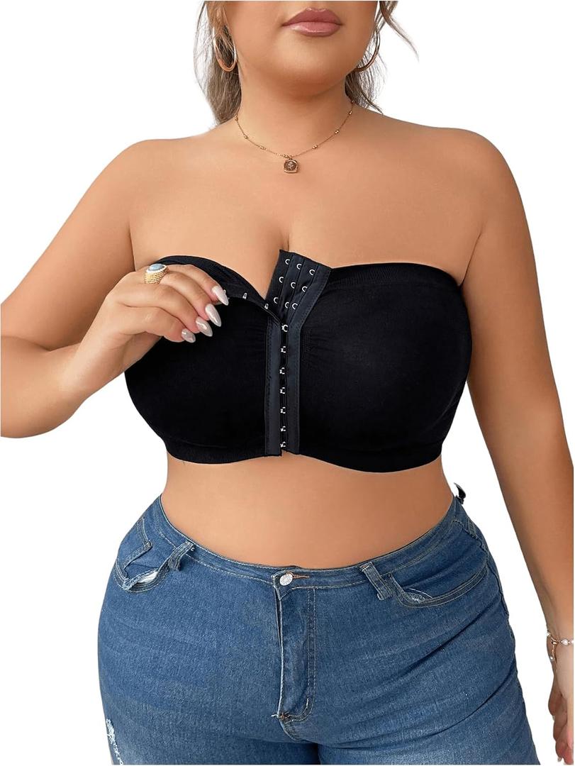 MakeMeChic Women's Plus Size Strapless Bras Front Closure Half Push Up Bra Bandeau Wireless Bralette for Large Bust (Black, XXXL)