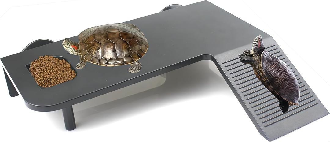 Turtle Basking Platform Stable Suction Cup Mounted Basking Platform with Support Base & Feeding Area for Turtle Tank Accessories Setups (Large)