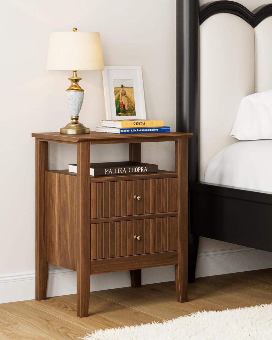 Fluted Nightstand, Farmhouse Night Stand with 2 Drawers, Mid Century Modern Side Accent Table,Bedside End Table for Bedroom, Living Room, Brown