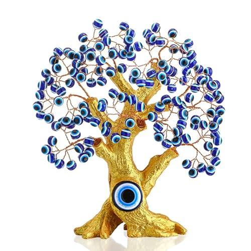 YU FENG 8'' Blue Evil Eye Tree with Golden Decor Feng Shui Money Tree for Home or Office, Good Luck Charm & Protection
