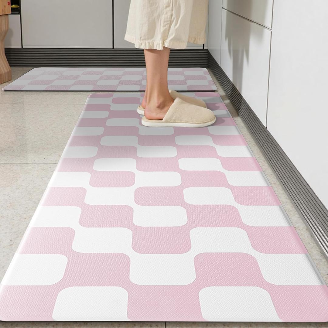 Pink Retro Curvy Checkered Grid Checkerboard Kitchen Rug Sets [2 PCs], Anti-Fatigue, Waterproof Non-Slip Kitchen Mats Heavy Duty Comfort Foam Rug for Floor, Home, Laundry,17"x29"+17"x47"