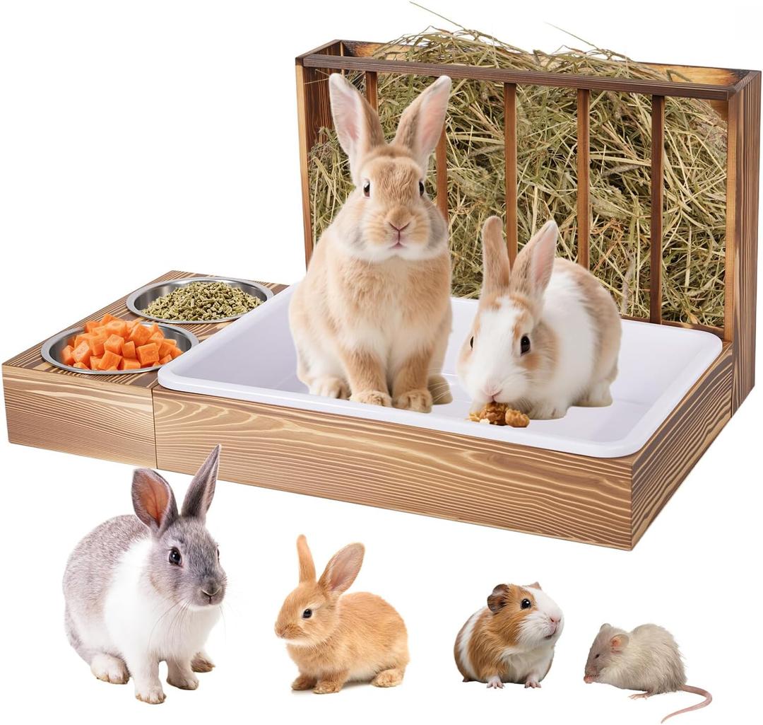 3 in 1 Rabbit Hay Feeder with Litter Box and 2 Bowls, Bunny Feeder Guinea Pig hay Rack Holder & Litter Box for Chinchilla Hamsters Guinea Pig Rabbit Bunny Small Animals (Brown)