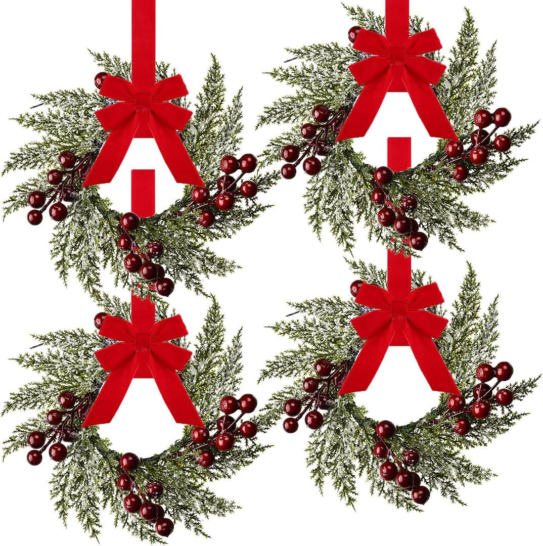 4 Pieces 8" Mini Christmas Wreaths - Small for Kitchen Cabinet/Window/Front Door, Artificial Red Berries & Pinecones, Christmas Candle Rings, Table/Farmhouse Decoration (No Ribbon)