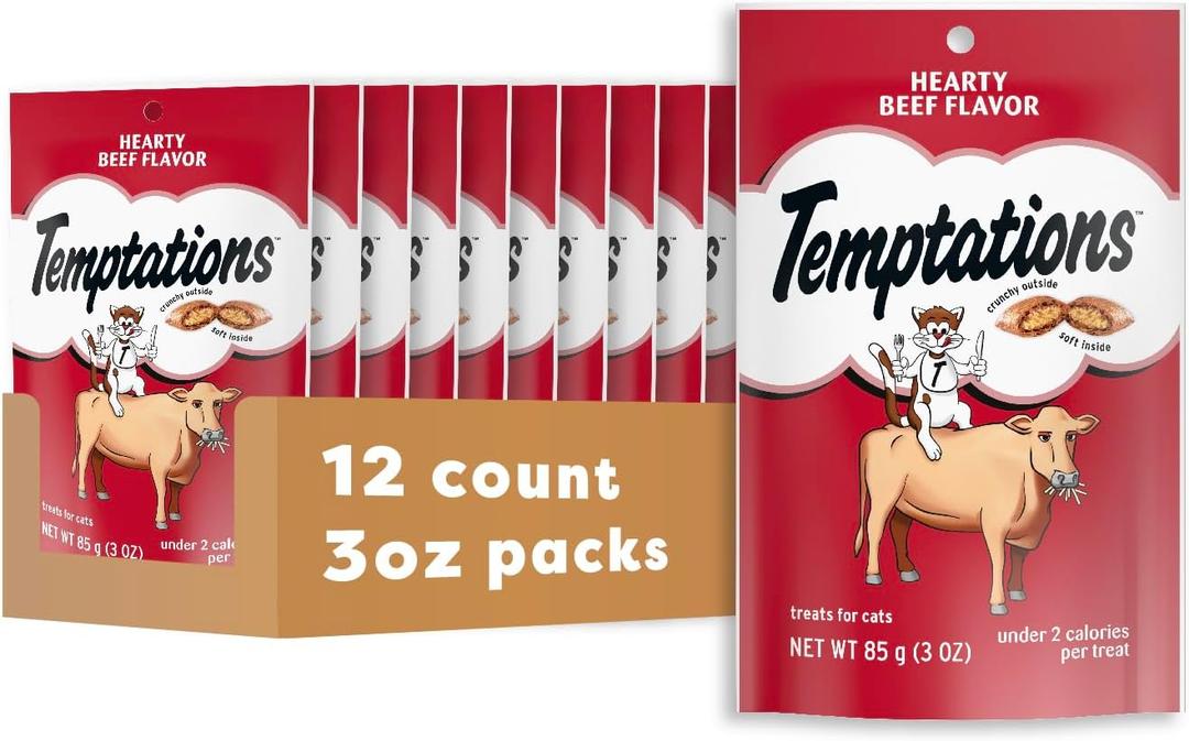 Temptations Classic Crunchy and Soft Cat Treats Hearty Beef Flavor, 3 oz. Pouch (Pack of 12)