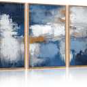 HOURIA 3Pcs Large Abstract Navy Blue Framed Canvas Wall Art Set(16"x24"),Minimalist Modern Blue Grey White Wall Decor,Neutral Blue Toned Color Block Shapse Art Print for Living Room Bedroom Office