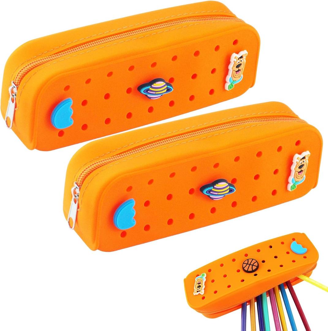 2 Packs Cute Silicone Pen Case Pen Pouch with DIY Holes and 3 Decoratives(Random) Travel Makeup Brush Bag suitable for travel home7.81inch (Orange,2Packs)