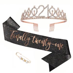 21st Birthday Sash and Tiara, Finally 21 Birthday Tiara Set for Girls Party Supplies, Birthday Tiara Crowns for Women(Rose Gold)