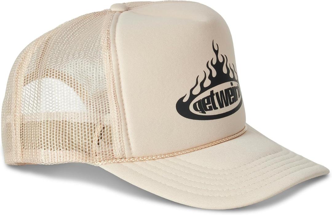 Flame Cap, Funky Streetwear Hat with Bold Graphics, Trucker Fit, Breathable Mesh Back and Curved Brim, Cream, One Size