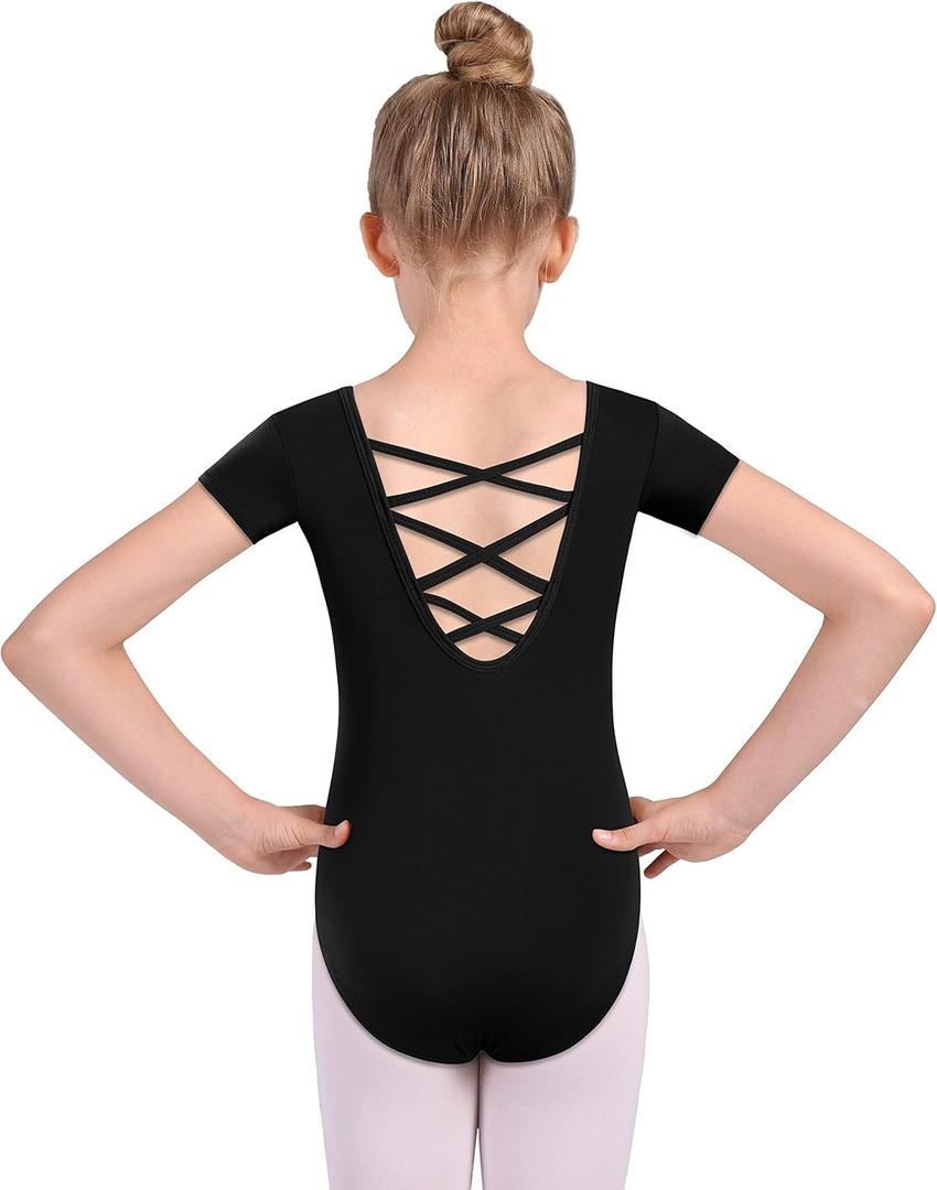 MOLLDAN Girls Dance Ballet Leotards Short Sleeve Criss Cross Straps Back (10-12 Years, Black)