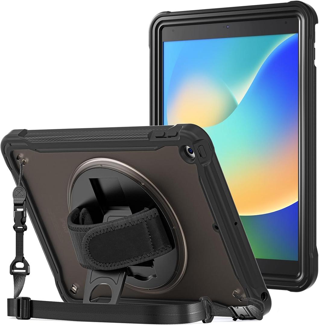 ProCase Rugged Case for iPad 9th/8th/7th Generation 10.2 inch 2021/2020/2019 Case, Heavy Duty Shockproof Rugged Cover with Hand Strap 360 Degree Rotatable Kickstand Protective for iPad 10.2 -Black