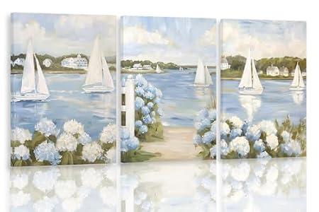 3Pcs Blue Seaside Hydrangea Canvas Wall Art Coastal Sailboat Pictuer Wall Summer Seaside Garden Prints Vintage Hydrangea Poster Seascape Landscape Pictures Painting For Beach House Living Room Bedroom 16x24in(Stretched Canvas On A Wooden Frame)