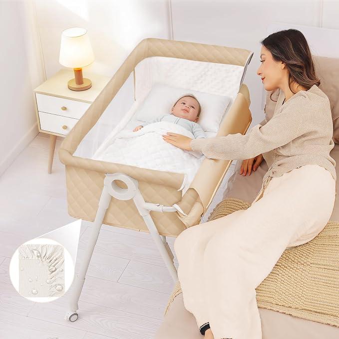 Bedside Sleeper, Baby Bassinet with Crib Sheet and Wheels | 4 Adjustable Height Bedside Crib with Comfy Mattress, Breathable Mesh Baby Crib for Newborn, Khaki, MinoBub