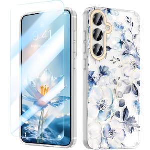MILPROX for Samsung Galaxy S26 Case 6.3 inch - Slim Fit Floral Cover, Elegant Feminine Gray Blue Flowers Design for Samsung S26 Case, Anti-Yellowing Cute Funda for Women and Girls, Blossom