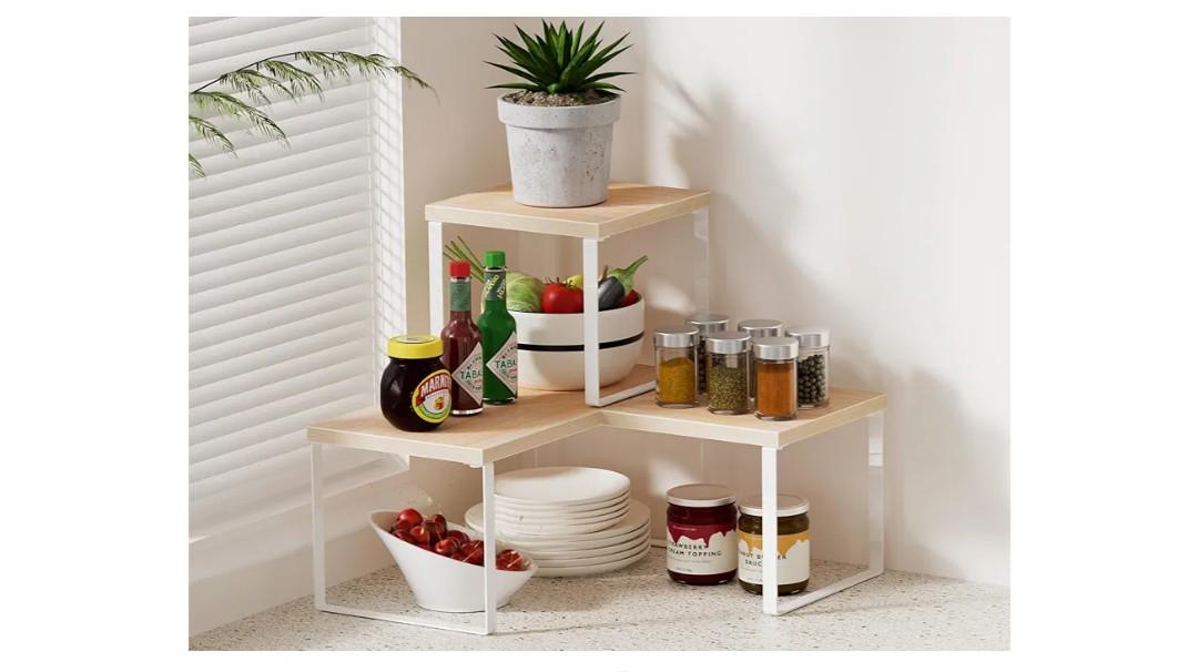 Golener Countertop Organizer Corner Shelf, 2 Tier Adjustable Stackable Corner Shelves for Kitchen, Bathroom, Spice Rack, Coffee Bar, Cabinet, Dresser Table, Corner Counter Shelf Stand, Natural Beige