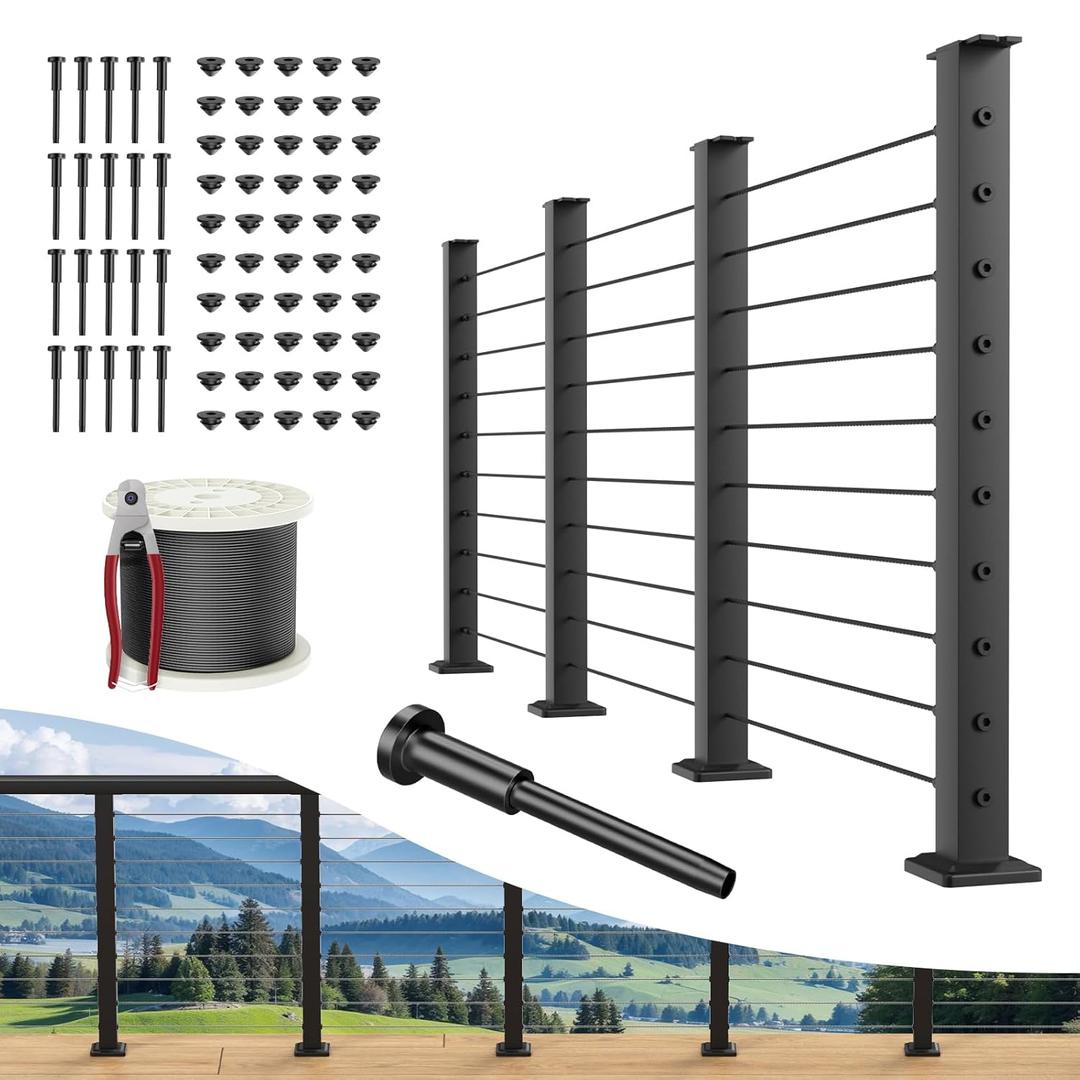 BLIKA Complete Set 36" Cable Railing Post Kit(Post 35"x2"x2"), Black Level Drilled Cable Railing Post, Invisible Cable Railing System Kit Include 4Pack Level Posts,1/8" Stainless Cable(No Handrail)