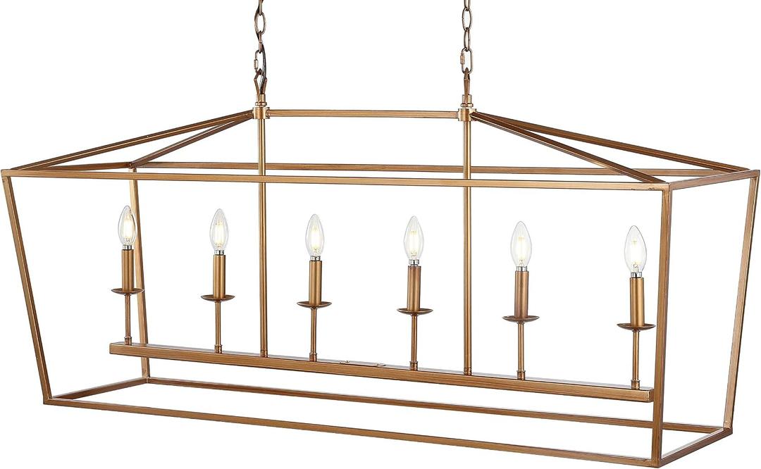 JONATHAN Y 49" Antique Gold Lantern Pendant Light, 6-Light Pagoda Style Metal Cage Farmhouse Hanging Ceiling Fixture for Kitchen Island, LED Bulb Included (JYL7439B)
