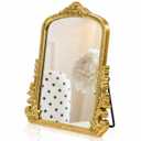ZOOFOX Vintage Vanity Desk Table Mirror, 11.8" x 9.6" Arched Antique Makeup Mirror with Full Wooden Frame, Small Standing Carved Baroque Mirror for Living Room, Bedroom Dresser, Desktop Decor