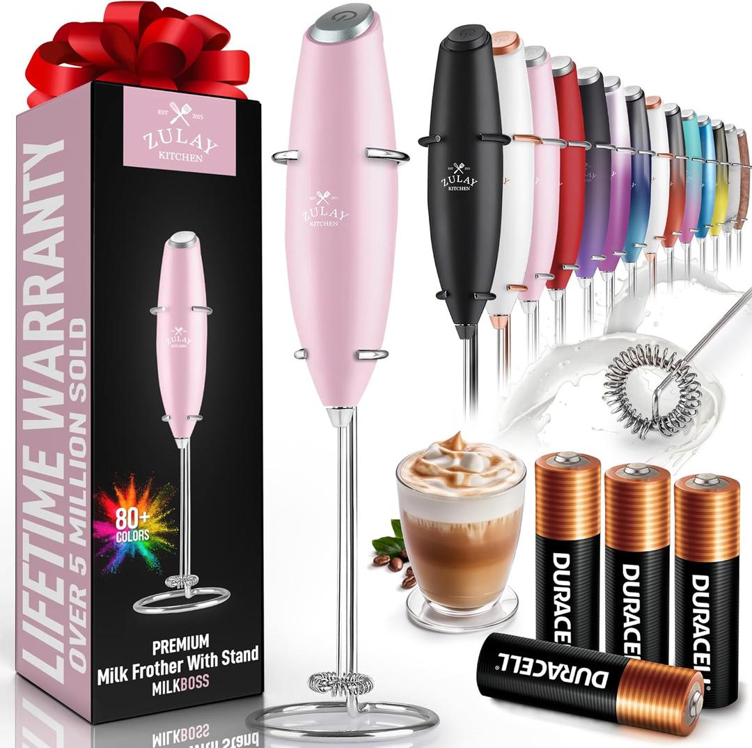Zulay Powerful Milk Frother (4 Duracell Batteries Included) - Handheld Milk Frother Wand Drink Mixer for Coffee - Powerful Milk Foamer for Cappuccino, Frappe, Matcha & Creamer - Cotton Candy