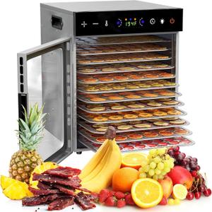 12-Tray Food Dehydrator  600W Adjustable Temperature (86-194) & Digital Timer, Quiet Operation, Ideal for Jerky, Fruits, Vegetables, Dog Treats, and Healthy Snacks  Includes Recipe Guide