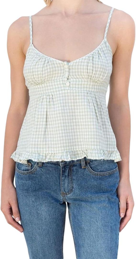 Women Summer Sleeveless Cami Top Y2k Vest Cute Camisole Plaid Going Out Shirt Button Down Tank Top (S)