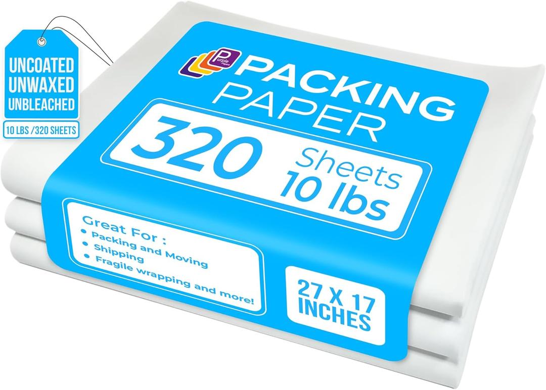 White Packing Paper Sheets for Moving 320 Sheets 27"x17" |10lb Newsprint Wrapping Paper Must-Have Packing Supplies, Shipping Paper, Moving Supplies