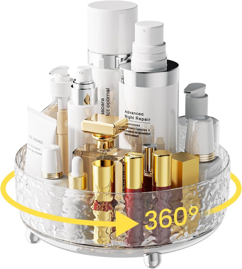 Water RippleA-LUGEI " Makeup Organizer Countertop,Rotating Perfume Organizer, Bathroom Organizer and Storage, Skincare Organizer, Lazy Susan Organizer for Vanity Cabinet Dresser Bathroom (9", Clear Tray)