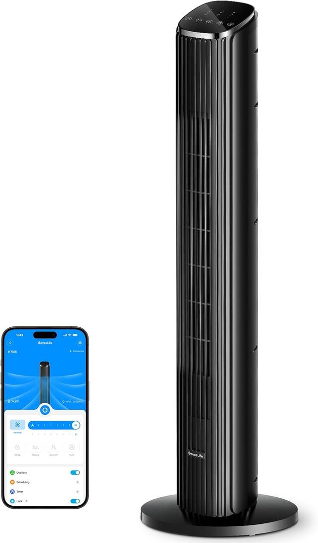 GoveeLife Black Tower Fan for Bedroom, 36" Smart Floor Fan with App/Voice Control, Temperature Sensor, 5 Modes 8 Speeds(25ft/s), 29dB Quiet Oscillating Fan for Office, 24H Timer, Auto Cooling (Black)