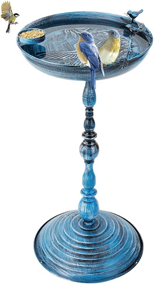DREAMSOUL 26" Tall Pedestal Bird Bath for Outside, Metal Blue Bird Bath with Hummingbird Carving for Yard Garden Decor