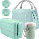 Iteryn Stackable Bento Box Kit, 3-Compartment Japanese Lunch Containers, Wheat Straw, All-in-1 Bento Lunch Box for Adult Meal Prep Snack (Green)