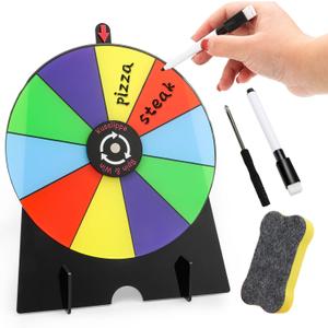 Upgraded 8 Inch Prize Wheel Spinner with Stand, 10 Slots Color Spinning Wheel for Prizes with Dry Erase Marker and Eraser, Spin The Roulette Game of Fortune - Trade, Carnival and Chore Raffle