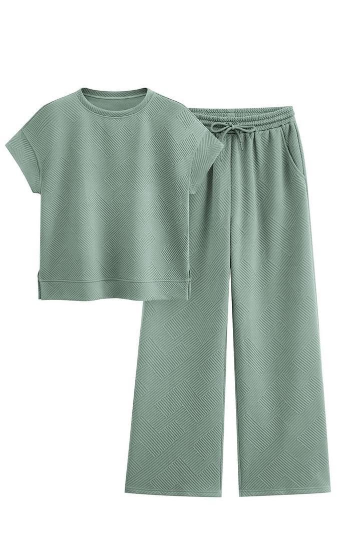 PRETTYGARDEN Only Pants Outfits For Women Casual Tracksuit Short Sleeve Tops And Wide Leg Long Pants Matching Lounge Sets, Size 2X