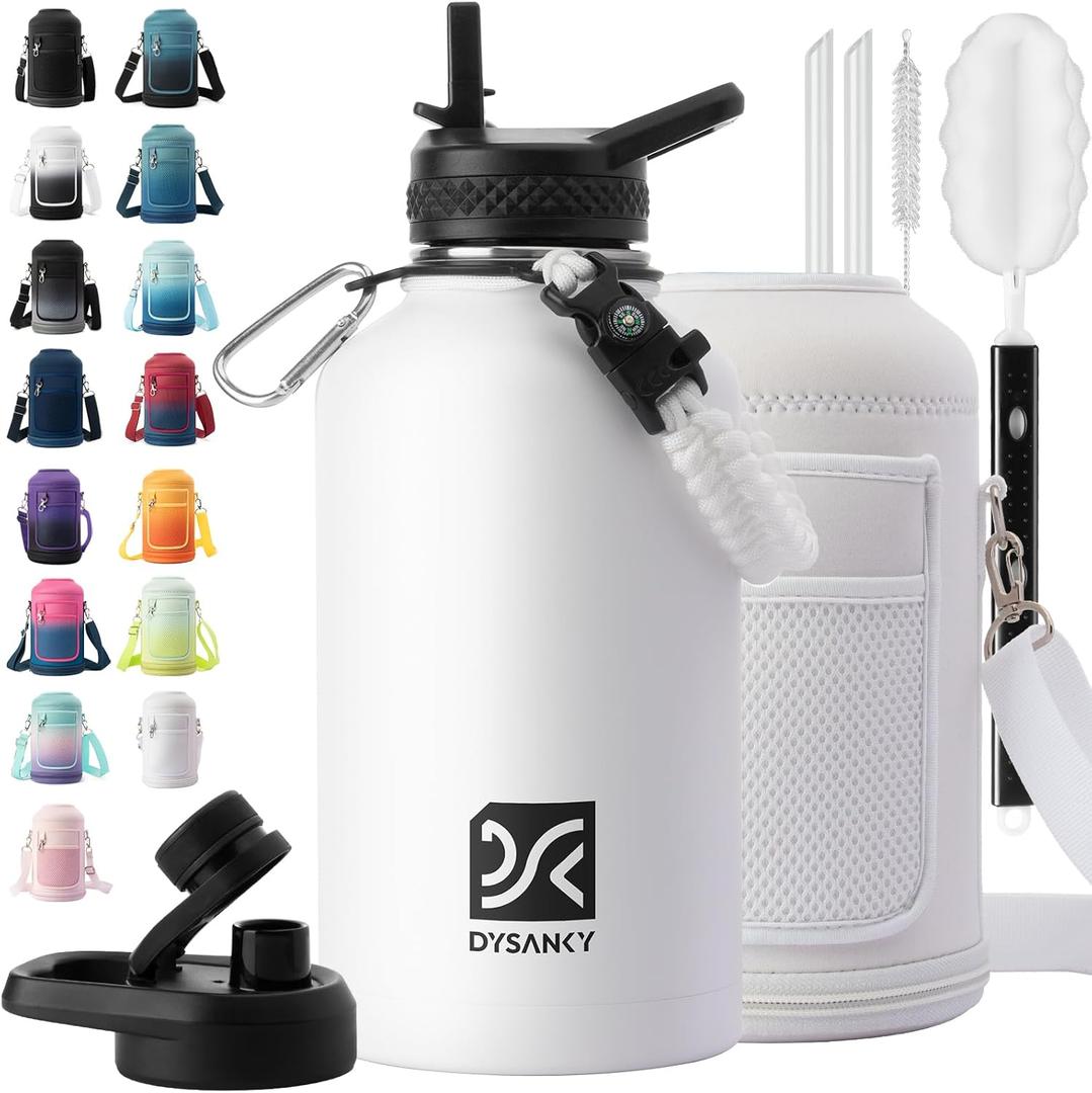 Insulated Water Bottle | Thickened Stainless Steel Vacuum Metal | Portable Sports Half Gallon Large Water Jug for Gym and Hiking with Straw, Carrier Bag, Handle Strap | BPA-Free 64 oz (White)
