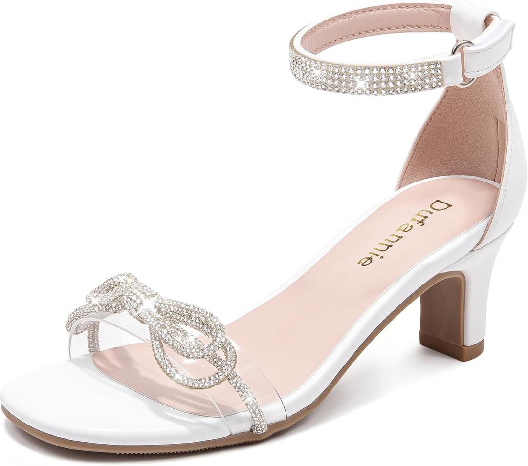 Dufannie Girls High Heels Sandals Girls Dress Shoes Rhinestone Open Toe Ankle Strap Kids Pumps Sandals Flower Wedding Church Party Dance for Little Big Kid