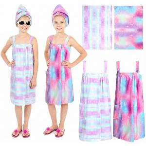 SmoothNovelty 2 Sets Girls Towel Wrap Hair Towel Wrap For Kids With Soft Bath Body Dress Cute Adjustable Bathrobe With Turbans for 3.9-4.9 Ft Kids Girls Wet Hair Rapid Drying (Rainbow Style)