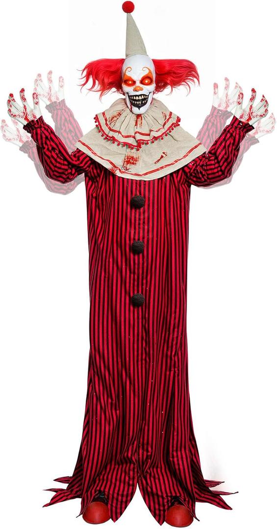 Presence 72" Halloween Decorations Outdoor - Standing Animatronic Clown with Red Light Up Eyes, Motion and Sound Activated Moving Arms and Head, Scary Clown Halloween Yard Patio House Decor