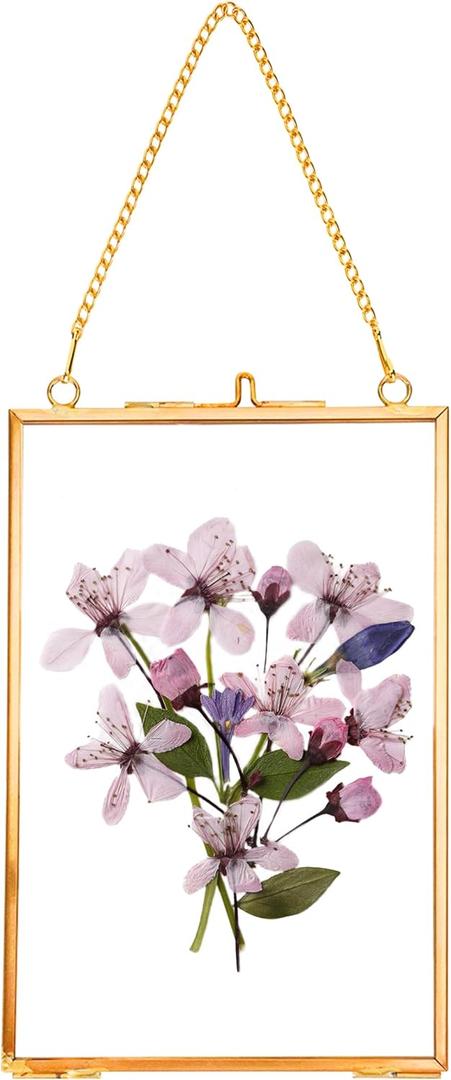 REDHUGO Hanging Pressed Flower Frames, Double Glass Floating Picture Frame Handmade, Glass Frame for Pressed Flowers, Vintage Brass Picture Frame for Artwork Wall Display Mount, Gold, 4x6 Inches (4L" x 6W")